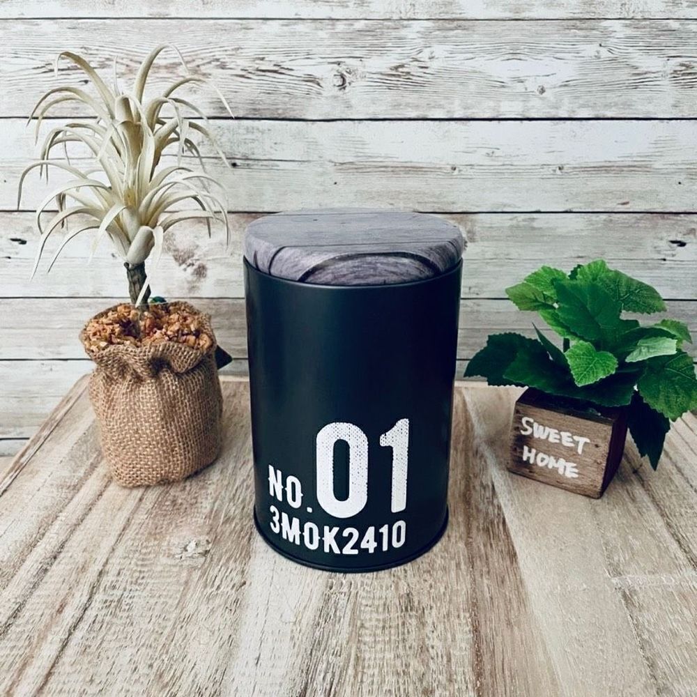 NWT Daiso Gorgeous No 01 3MOK2410 Grey Metal Canister Reclaimed Pattern Wood Lid